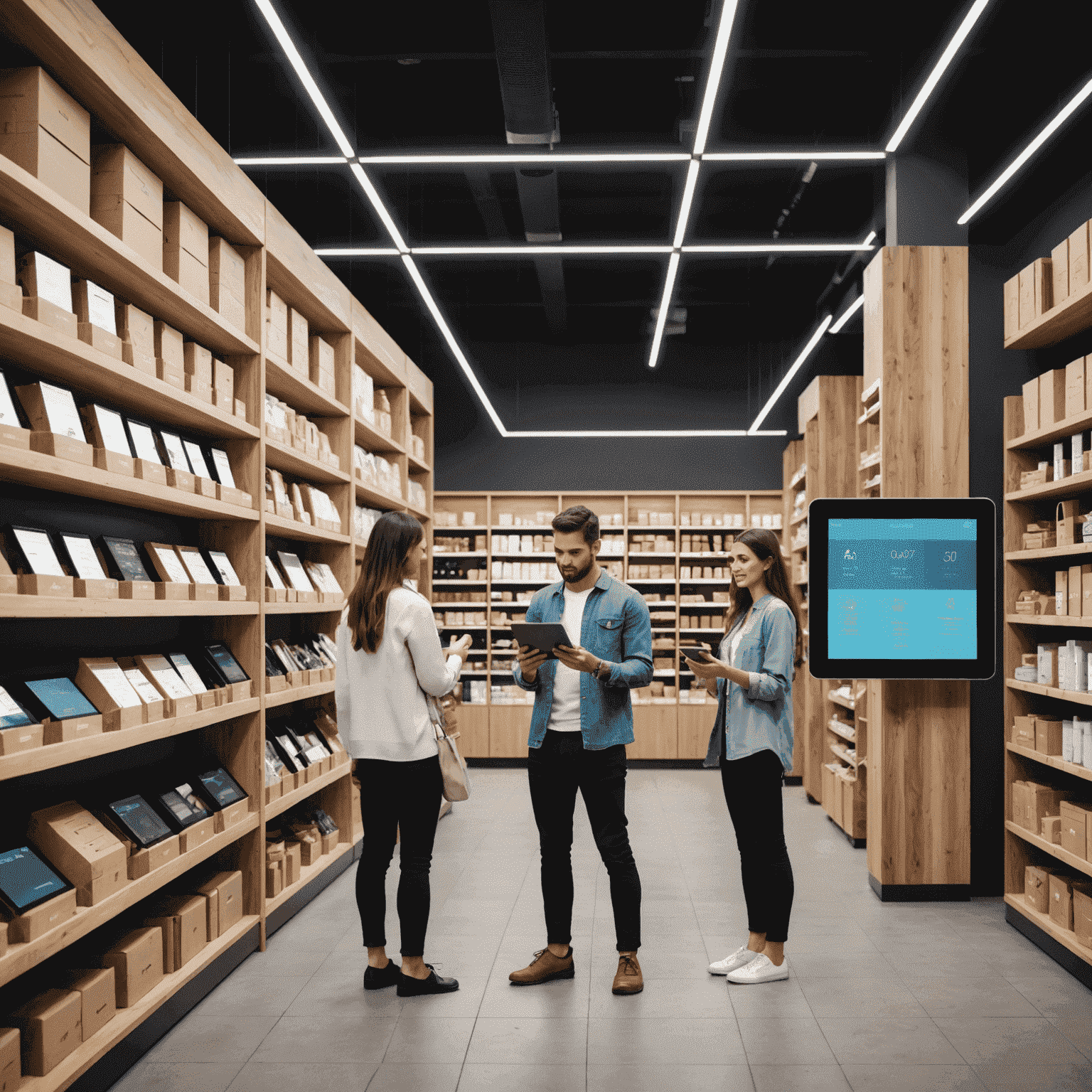 A modern retail store with digital displays showing real-time inventory levels. Staff members are using tablets to manage stock efficiently.