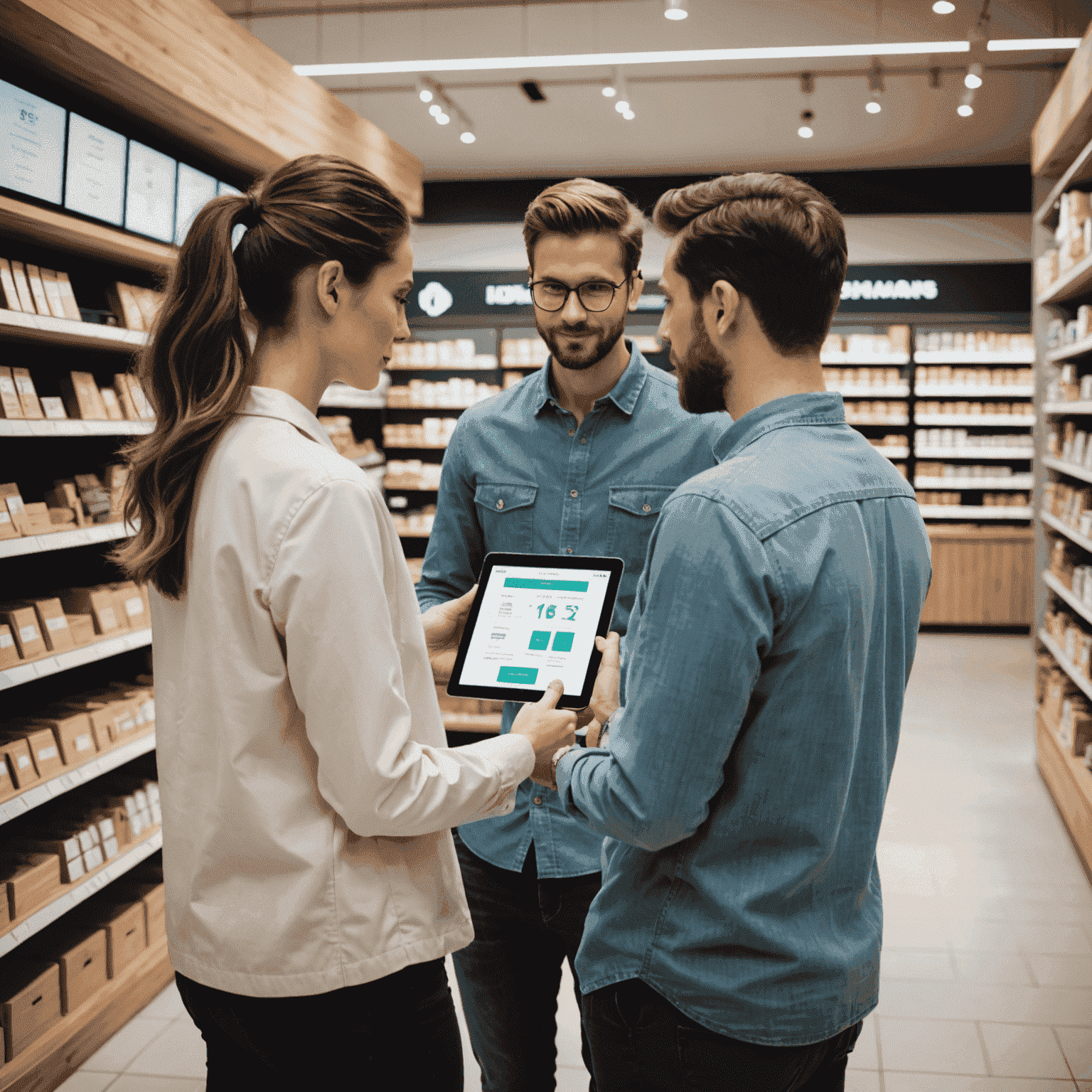 A modern retail store with digital displays showing real-time inventory data. Staff members are using tablets to manage stock efficiently.