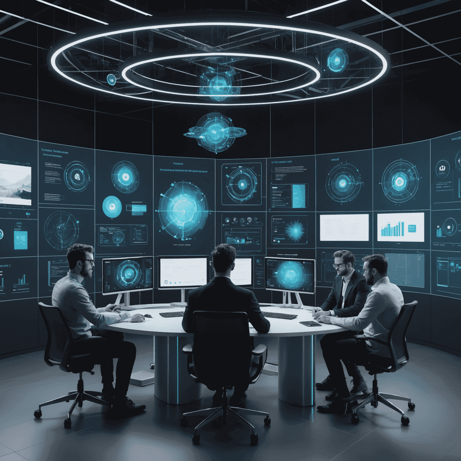 Custom software development process showing developers working on tailored solutions, with AI and ML integration visualized through holographic displays