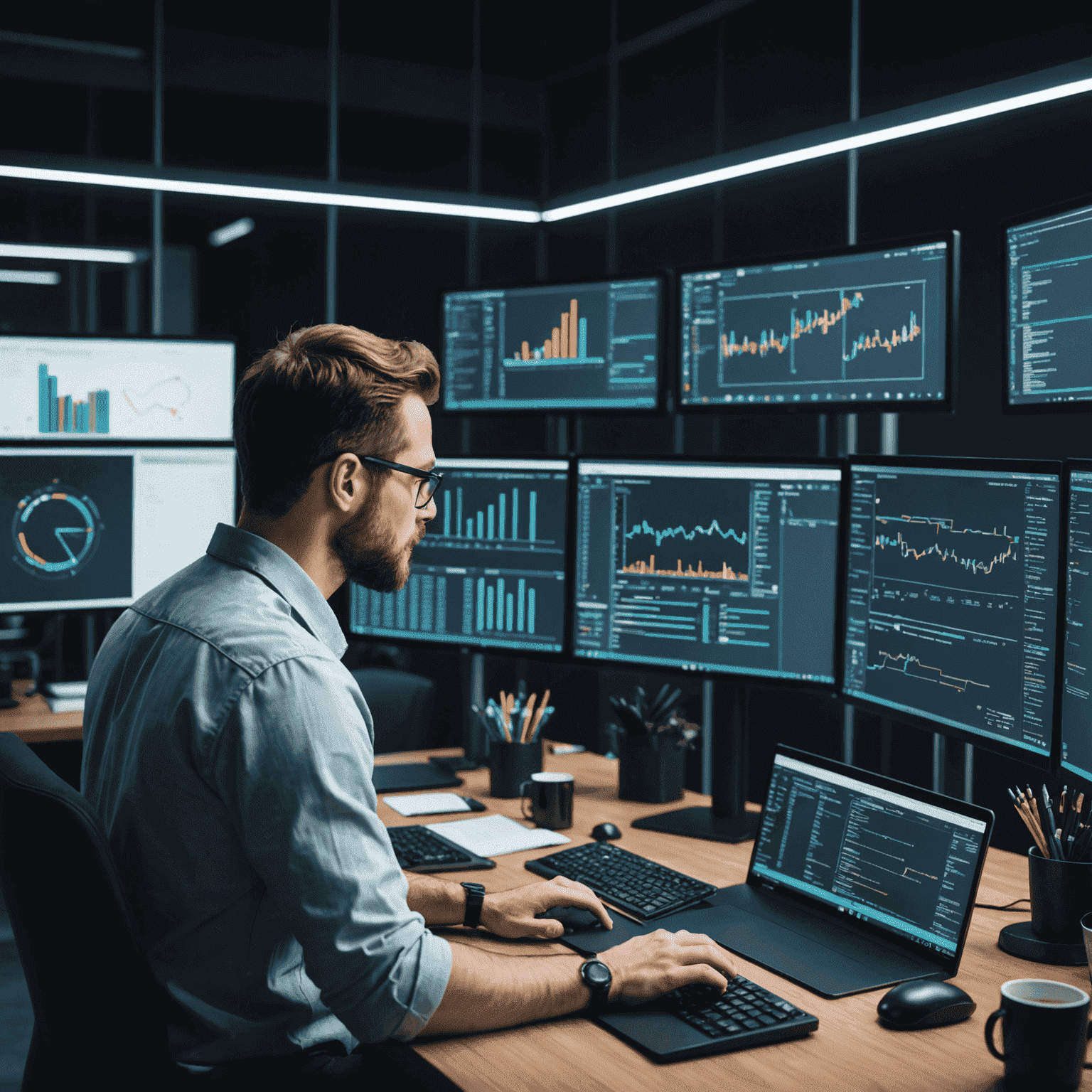 A team of software engineers working on multiple screens, analyzing code and system performance metrics. The image conveys a sense of proactive maintenance and continuous improvement.