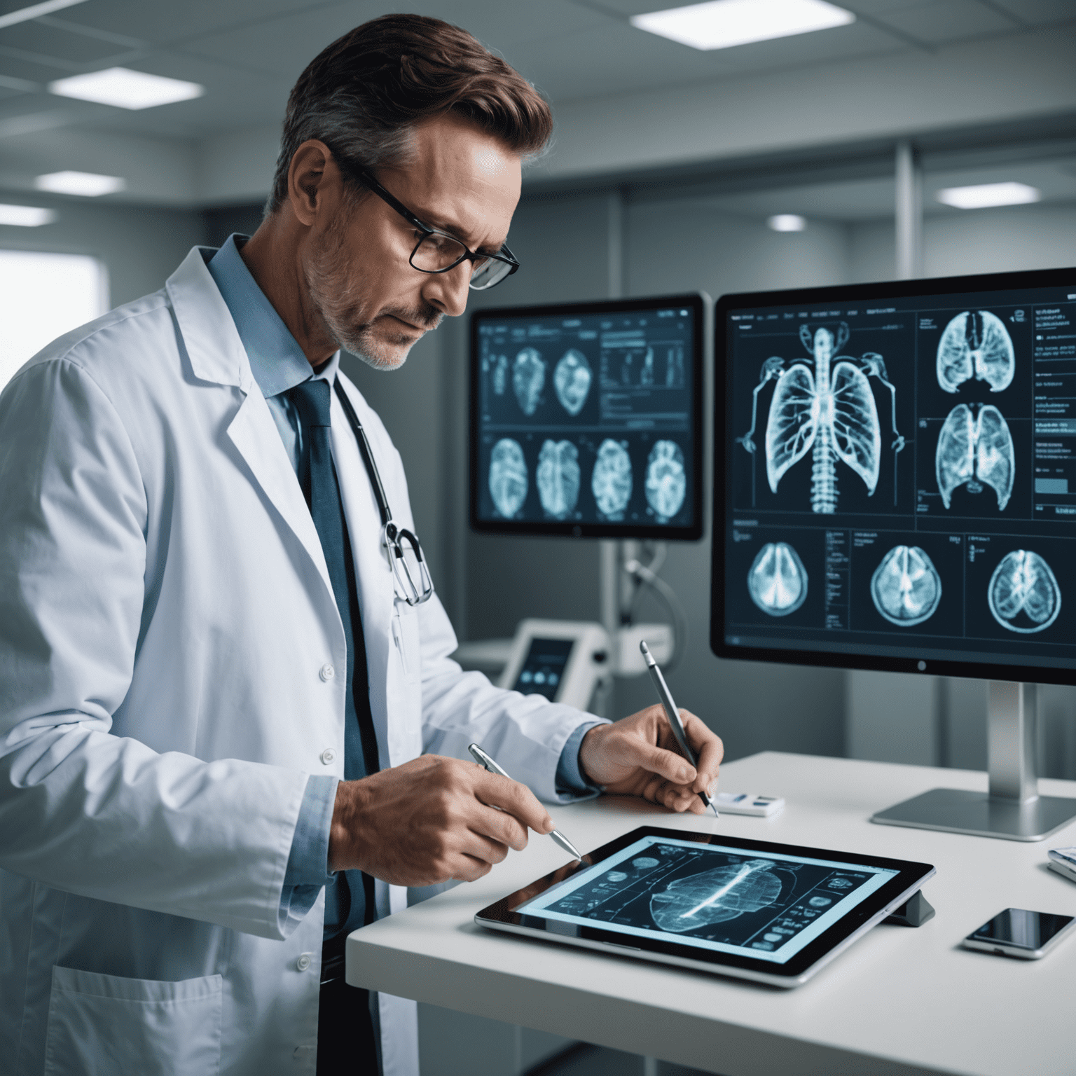 A doctor using a tablet with an AI diagnostic tool, showing complex medical imagery and data analysis in a modern hospital setting.