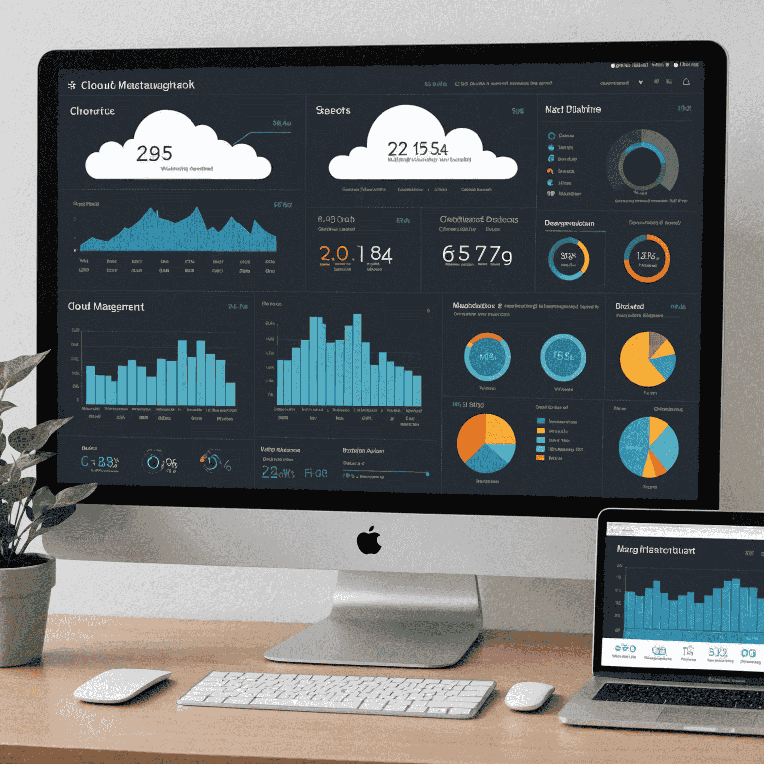 Visual representation of cloud management dashboard showing various metrics, resource allocation, and performance indicators. The image includes graphs, charts, and icons representing different aspects of cloud infrastructure management, emphasizing the comprehensive nature of our cloud management services.