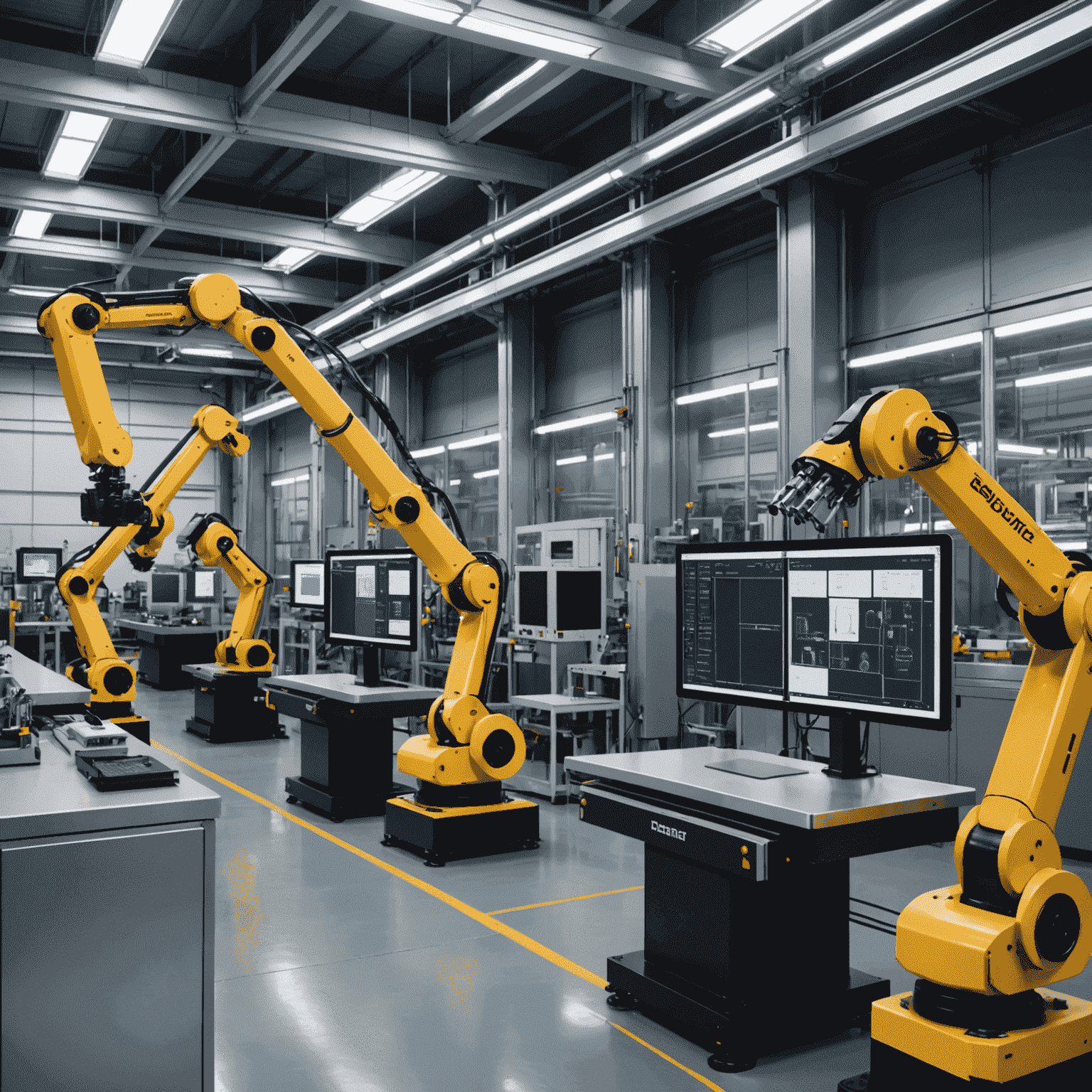 A high-tech manufacturing line with robotic arms and AI-powered quality control systems, showing real-time defect detection on large screens.