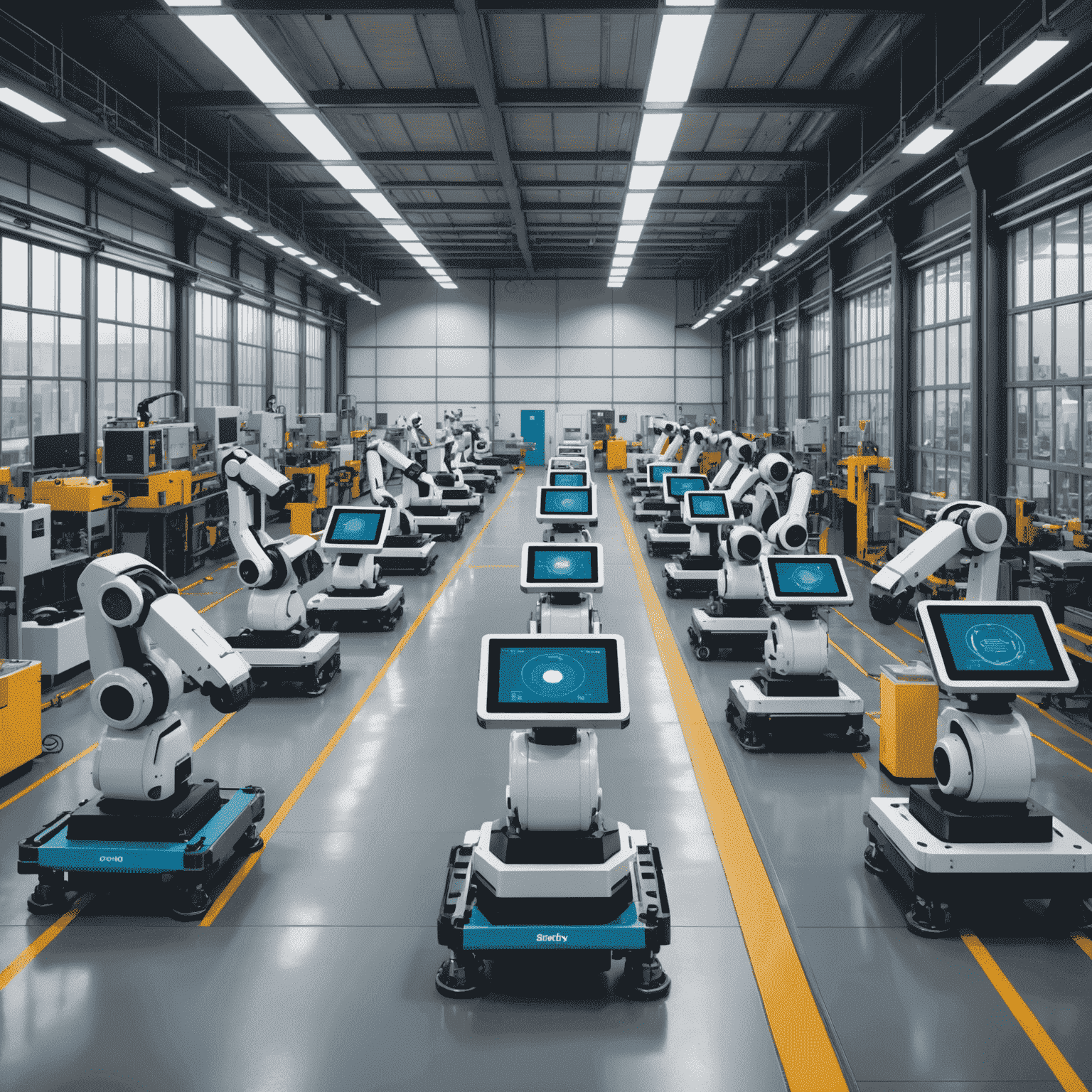 A modern factory floor with robots and IoT sensors, with workers monitoring real-time data on tablets.