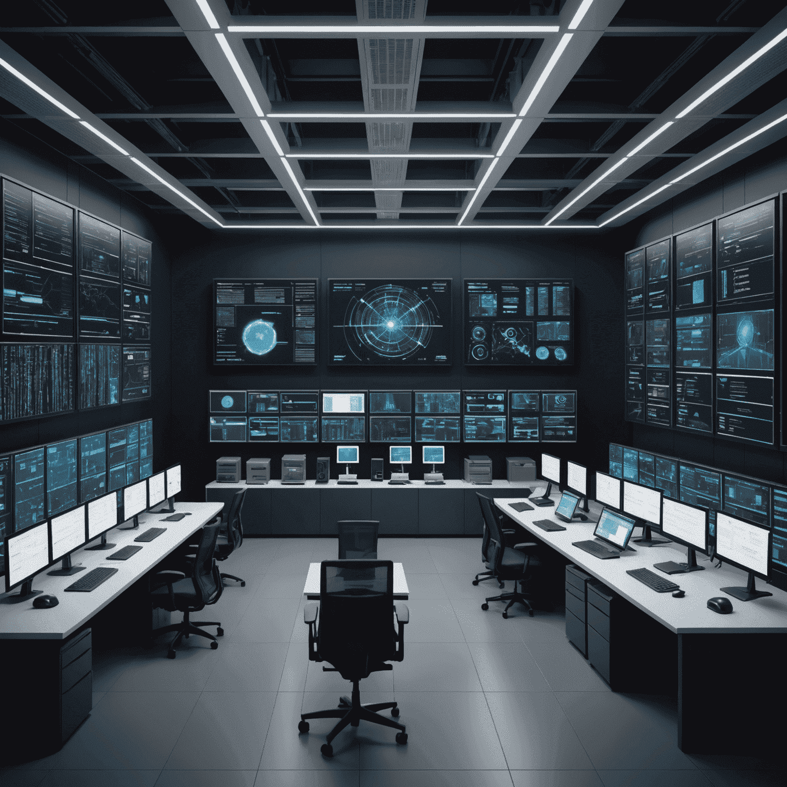 A secure data center with multiple screens displaying AI algorithms analyzing financial transactions and flagging potential fraud in real-time.