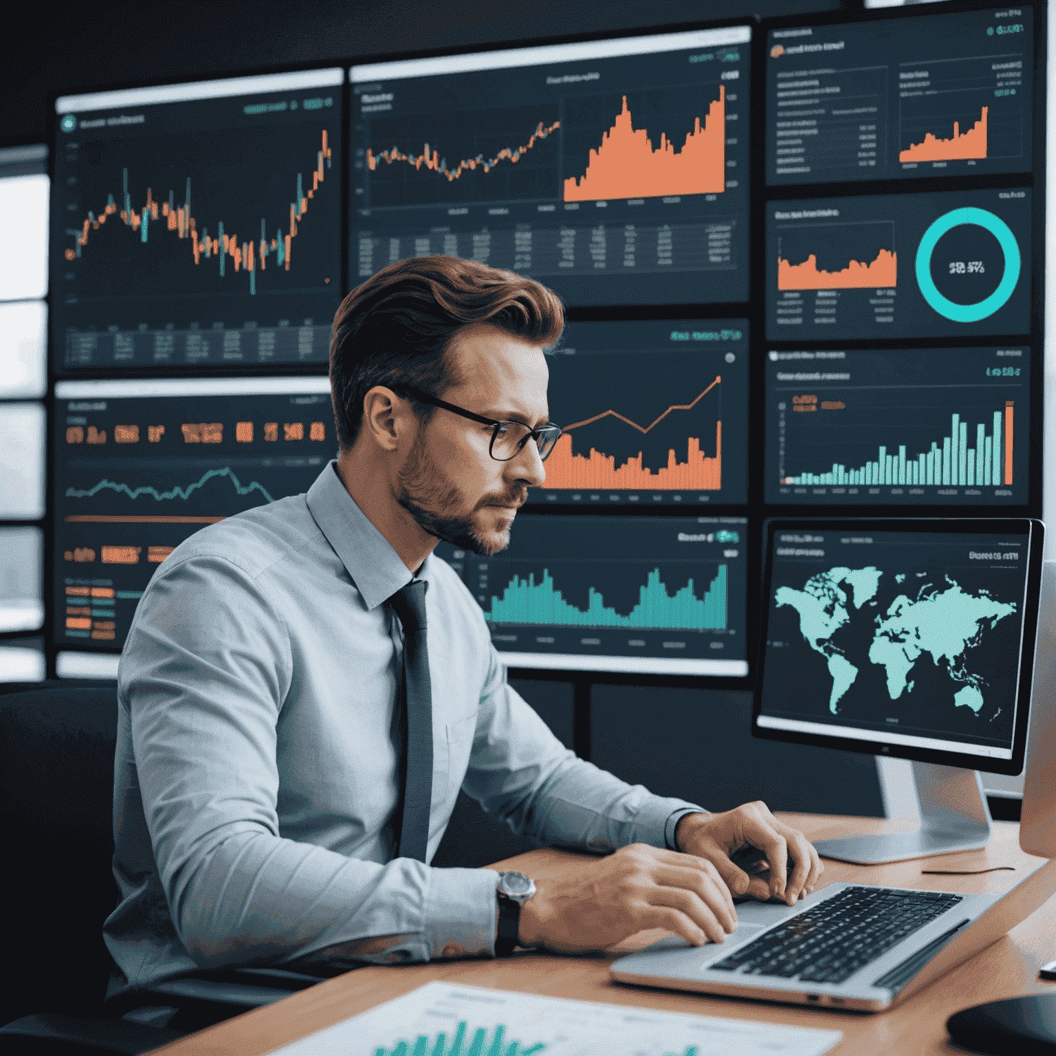 Financial analysts using advanced data visualization tools showing AI-generated risk assessments and market predictions.