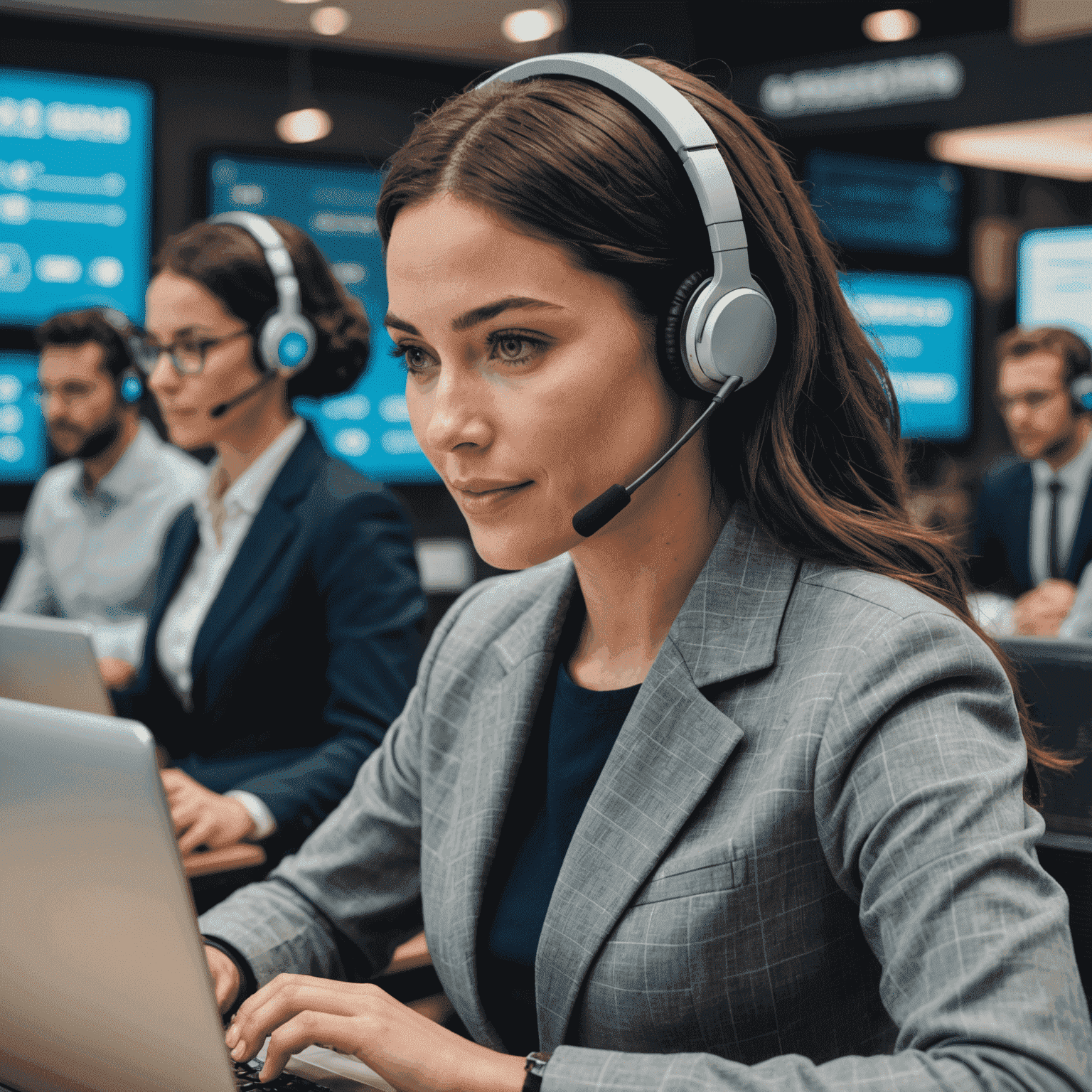 A customer service representative working alongside an AI chatbot interface, handling multiple customer queries simultaneously.